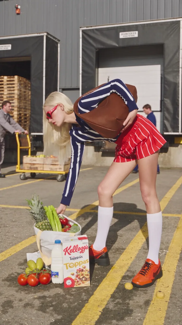 Official Act Natural example frame showing a person reaching toward groceries outdoors.
