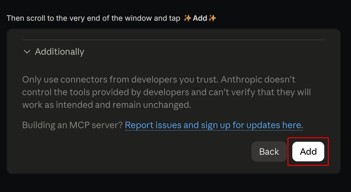 The Back and Add buttons at the bottom of Claude's connector dialog, with Add highlighted.