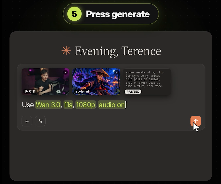 Claude composer containing a video, an anime reference image, a pasted prompt and an orange upward Send arrow.