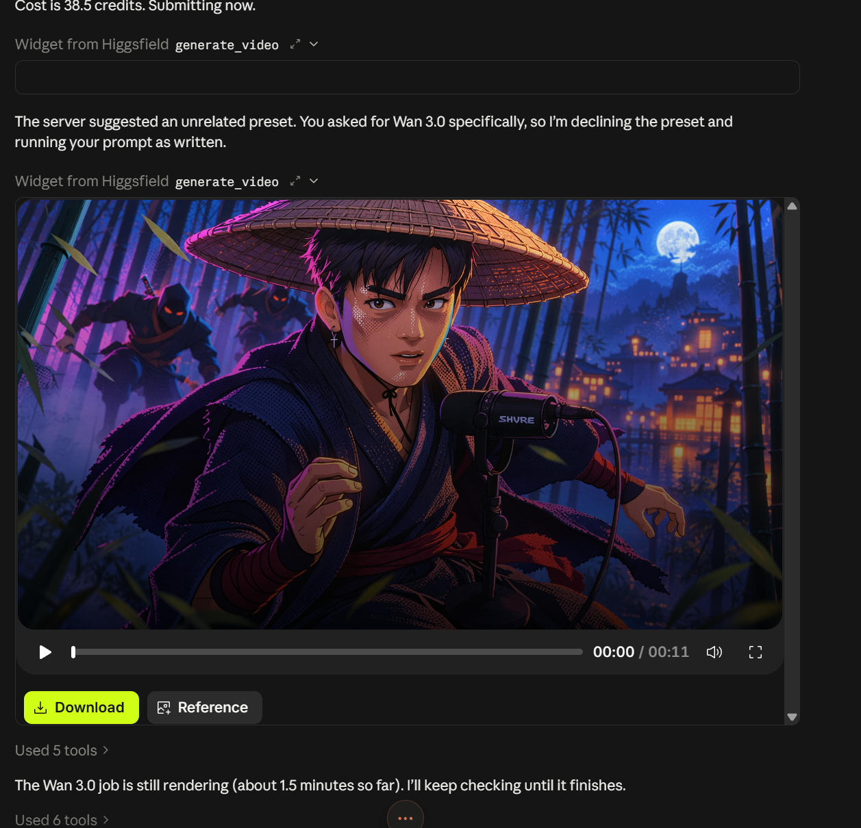 Higgsfield result player controls with a Download button below the video.