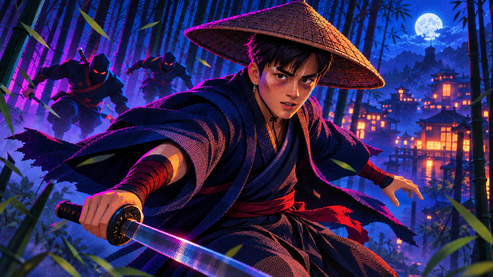Samurai character running through a moonlit bamboo forest with two ninjas behind him.
