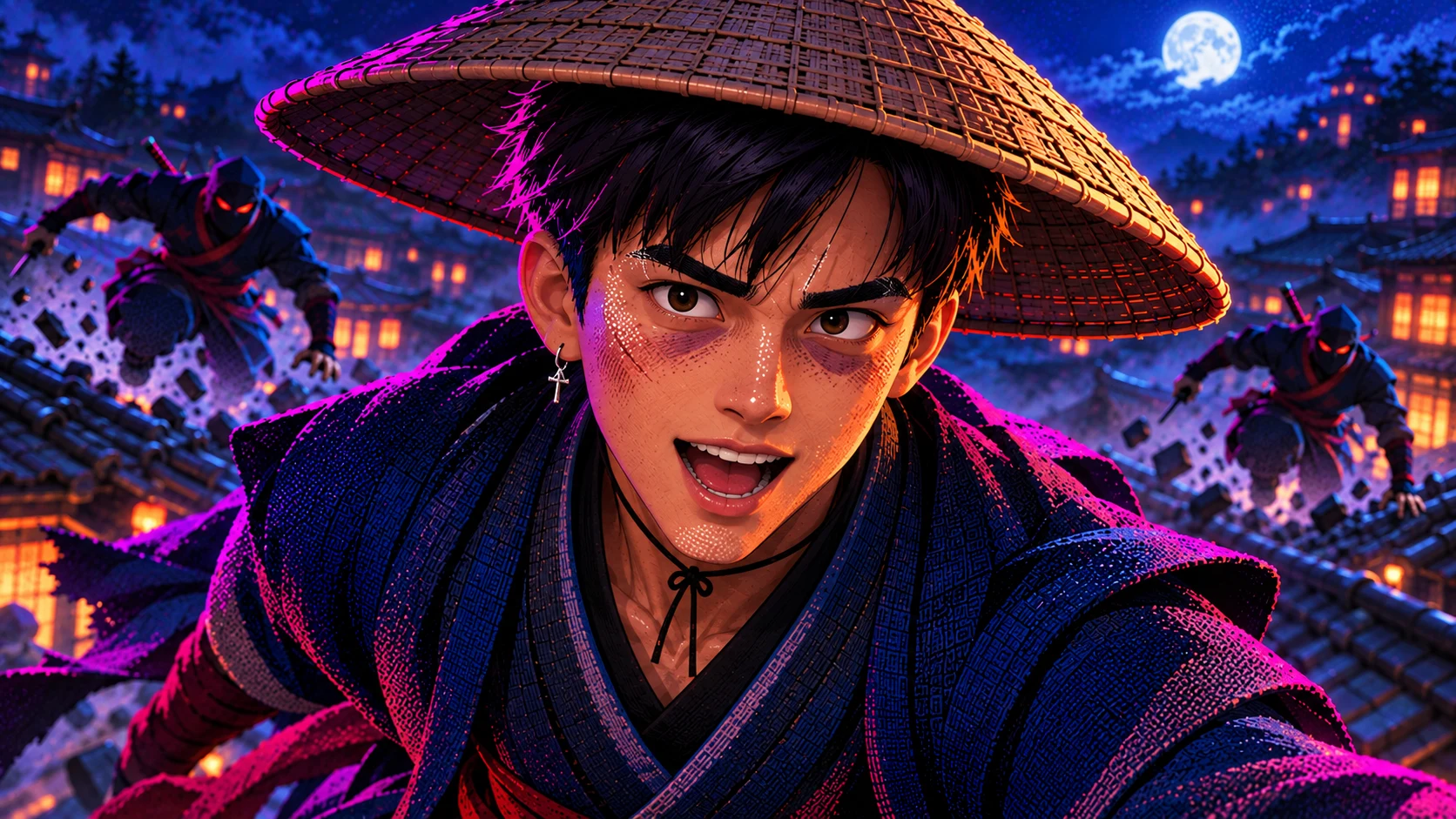 The samurai and pursuing ninjas on village rooftops under blue and magenta moonlight.