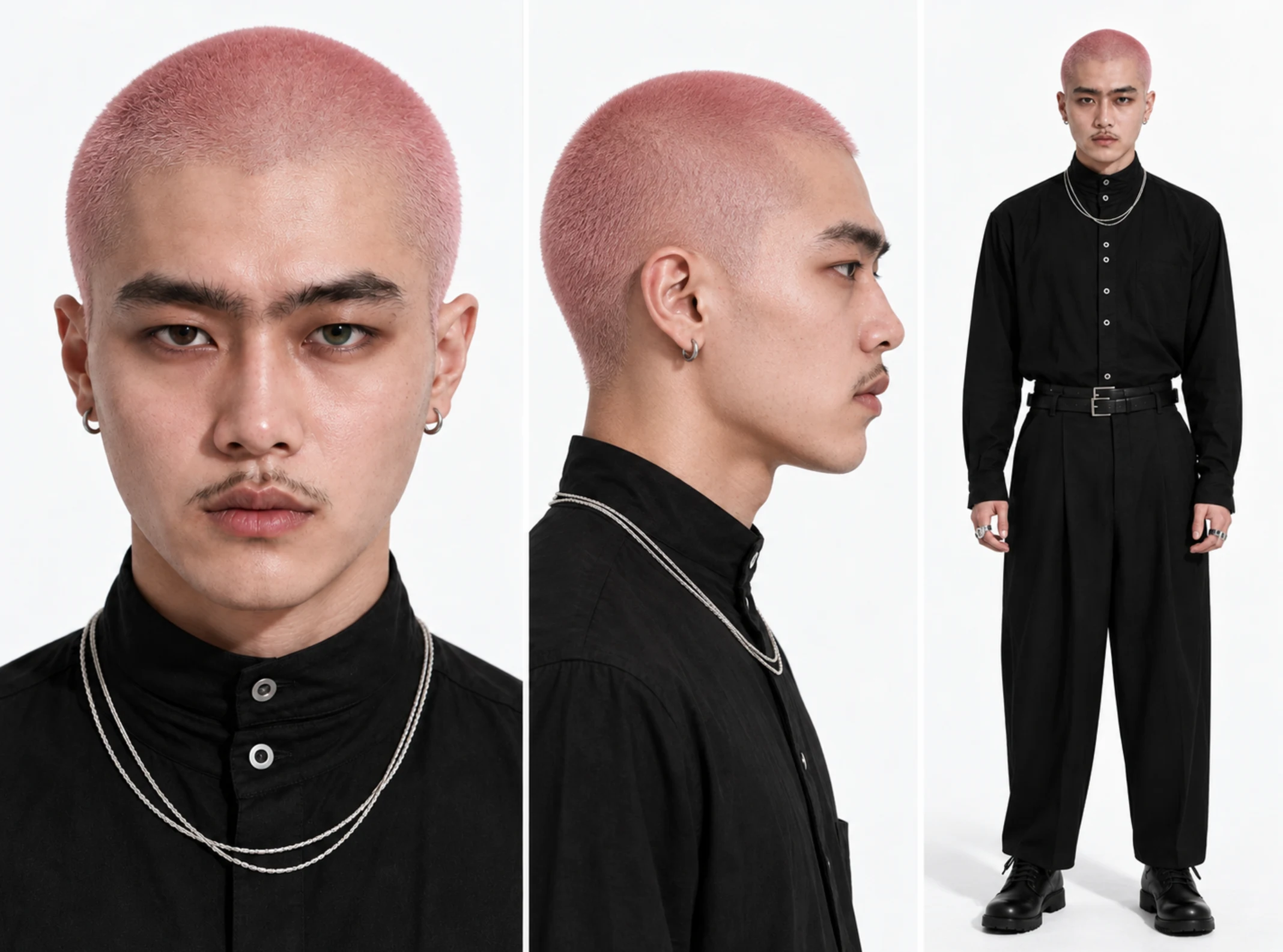 Three views of one adult male character with pink cropped hair, silver jewellery and a black outfit: front close-up, side close-up and full body.