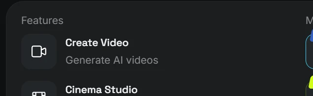 Higgsfield's Video menu with Create Video above Cinema Studio.