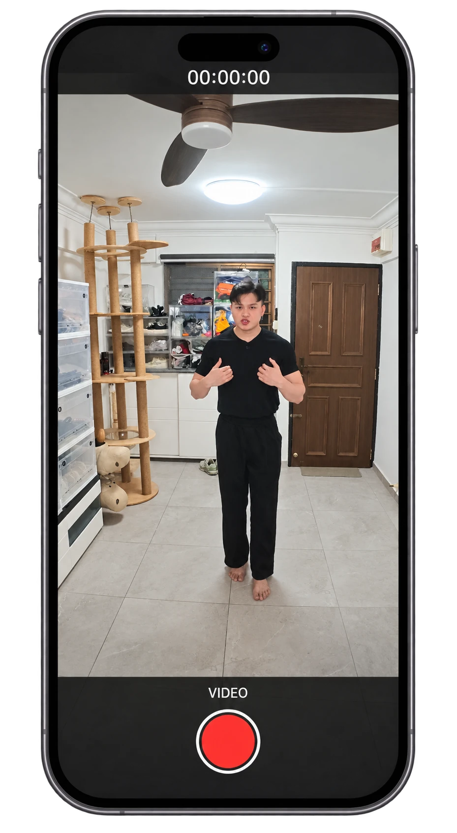 Portrait iPhone illustration with SIA's supplied recording image on the screen and a red record button below it.