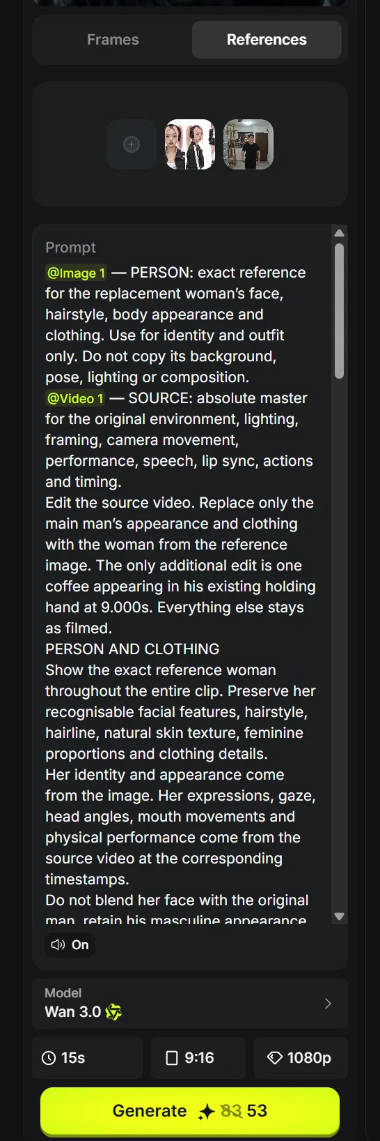 References selected above an Add button, a character-sheet thumbnail and a source-video thumbnail.