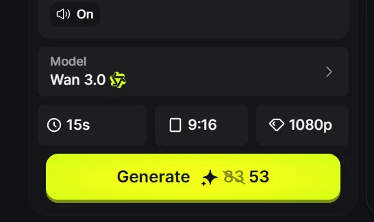 Wan 3.0 settings showing audio On, 15 seconds, 9:16, 1080p and a Generate button with an example credit quote.