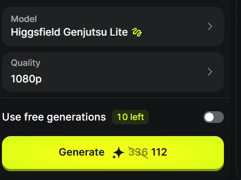 Higgsfield Genjutsu Lite selected with 1080p quality and a Generate button.