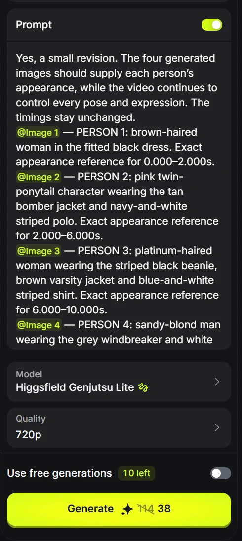 Higgsfield Genjutsu Lite selected with 720p quality and a Generate button.