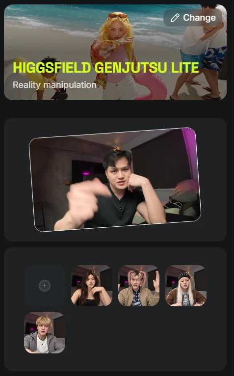 Genjutsu Lite with one original talking video and four character-reference thumbnails underneath.