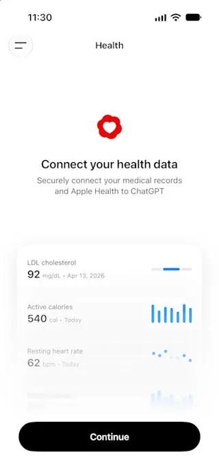 Official ChatGPT Health iOS setup screen showing Connect your health data and the Continue button.