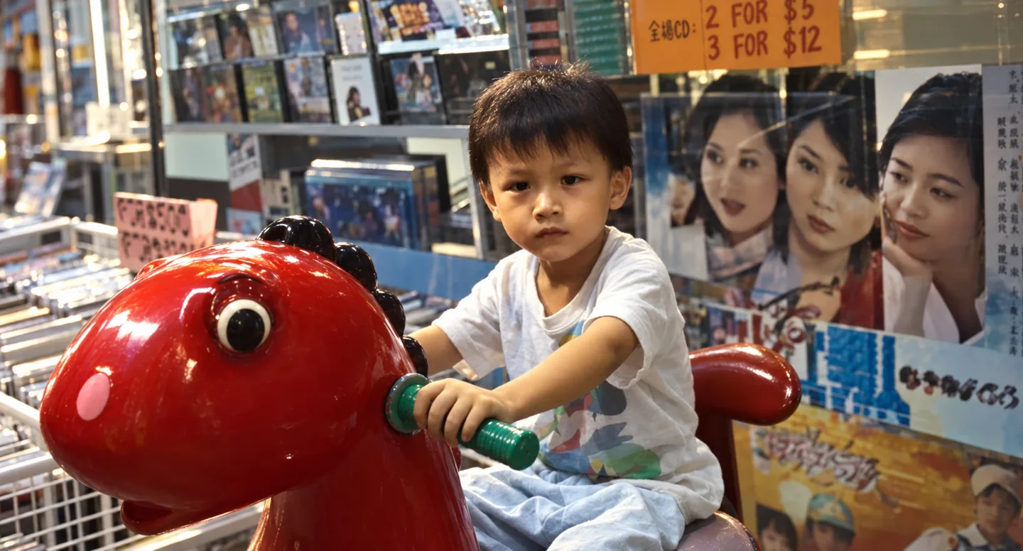 Cleaned image of the boy on the red dragon ride in the CD shop.