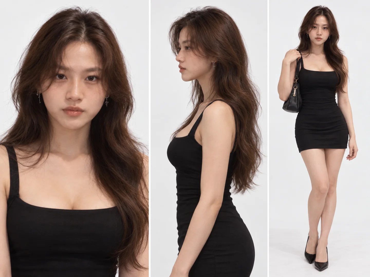 Three views of the adult female character, showing face, profile and full outfit.