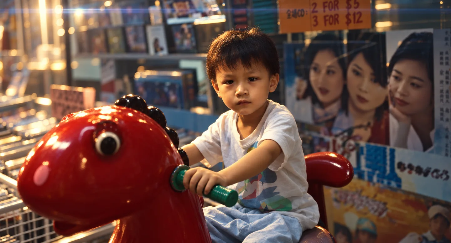 The same boy and ride with warm directional light and softly blurred CD-shop background.