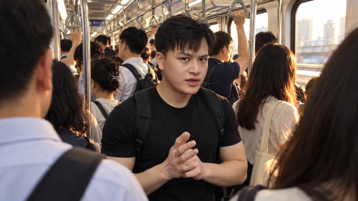SIA standing between commuters, framed over their shoulders on a train.