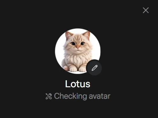 Lotus avatar panel displaying the selected cat image while its status reads Checking avatar.
