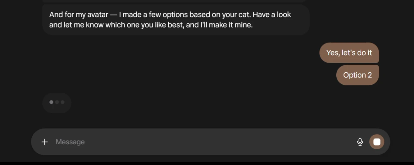 A reply saying Option 2 after Muse asks which avatar to use.