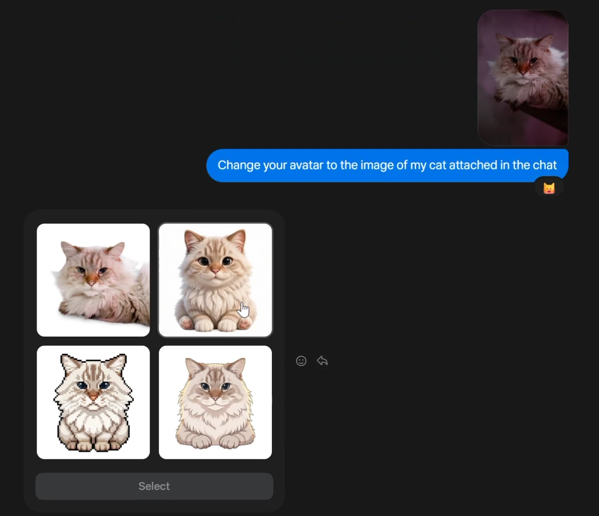 Four avatar options based on the uploaded cat. The top-right option is a rounded illustrated cat.