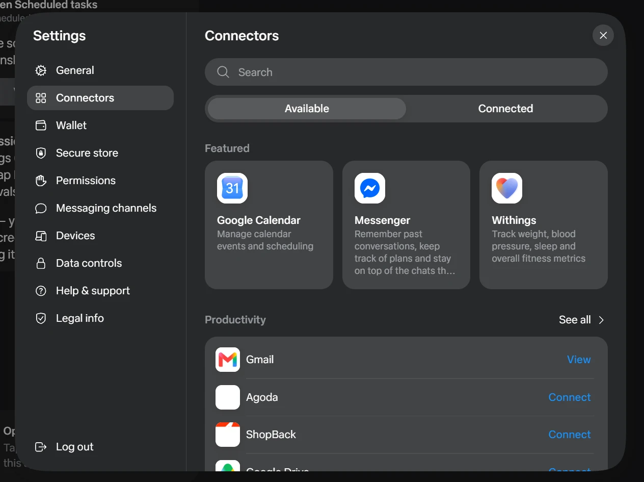 Muse settings with a Permissions row and the Connectors catalogue, including search and available or connected tabs.