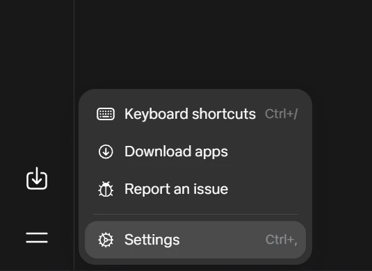 Bottom-left Muse menu with the Settings row highlighted.