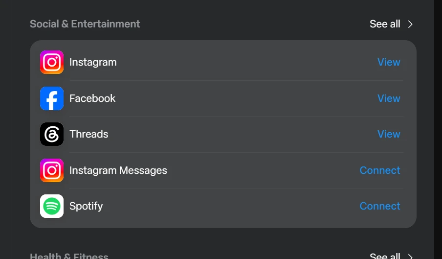 Social connector list containing Instagram, Facebook, Threads, Instagram Messages and Spotify.