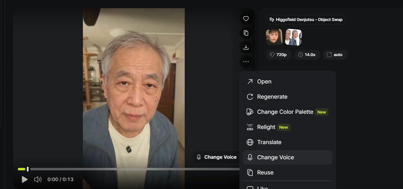 Generated video three-dot menu with Change Voice selected.