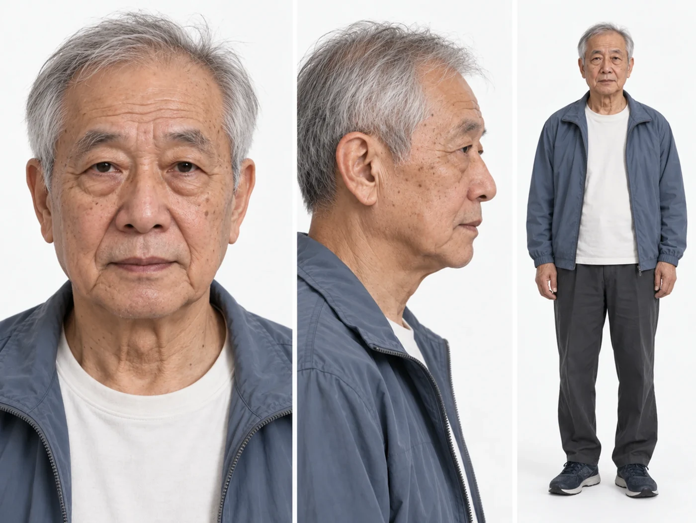 Character reference sheet of an elderly man: front close-up, side profile and full-body view in the same outfit.