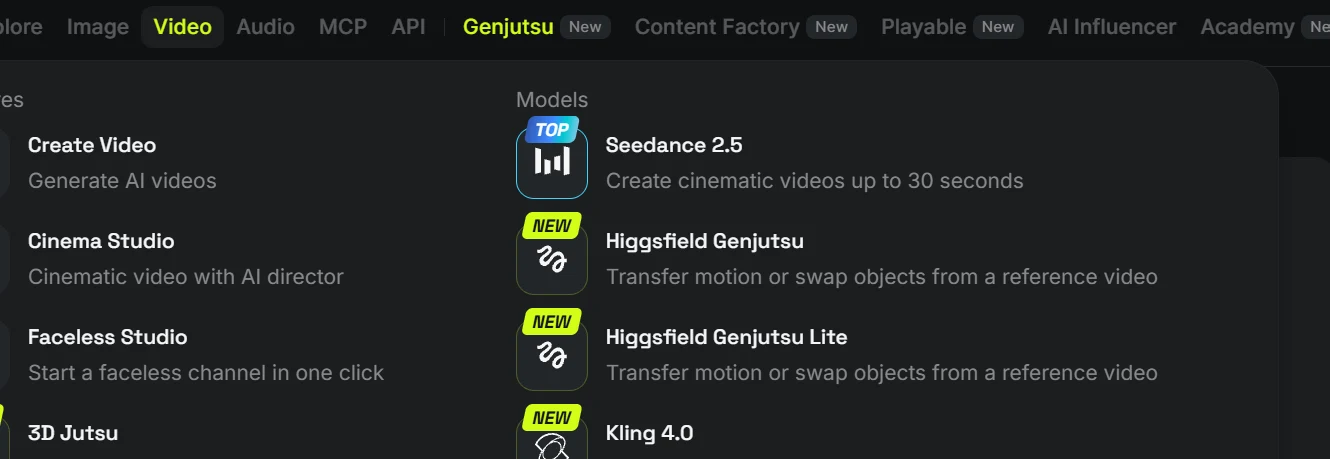 Higgsfield Video menu showing the Genjutsu model between Seedance 2.5 and Genjutsu Lite.