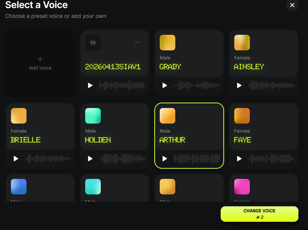 Voice selection dialog with Arthur selected and the Change Voice button at the bottom.