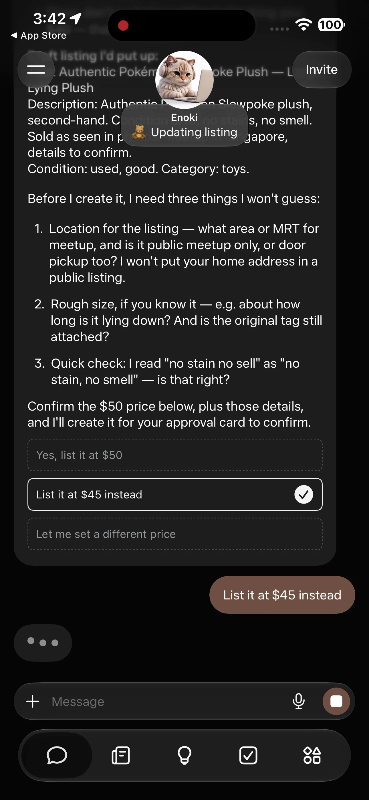 Muse suggested replies with List it at $45 instead selected.