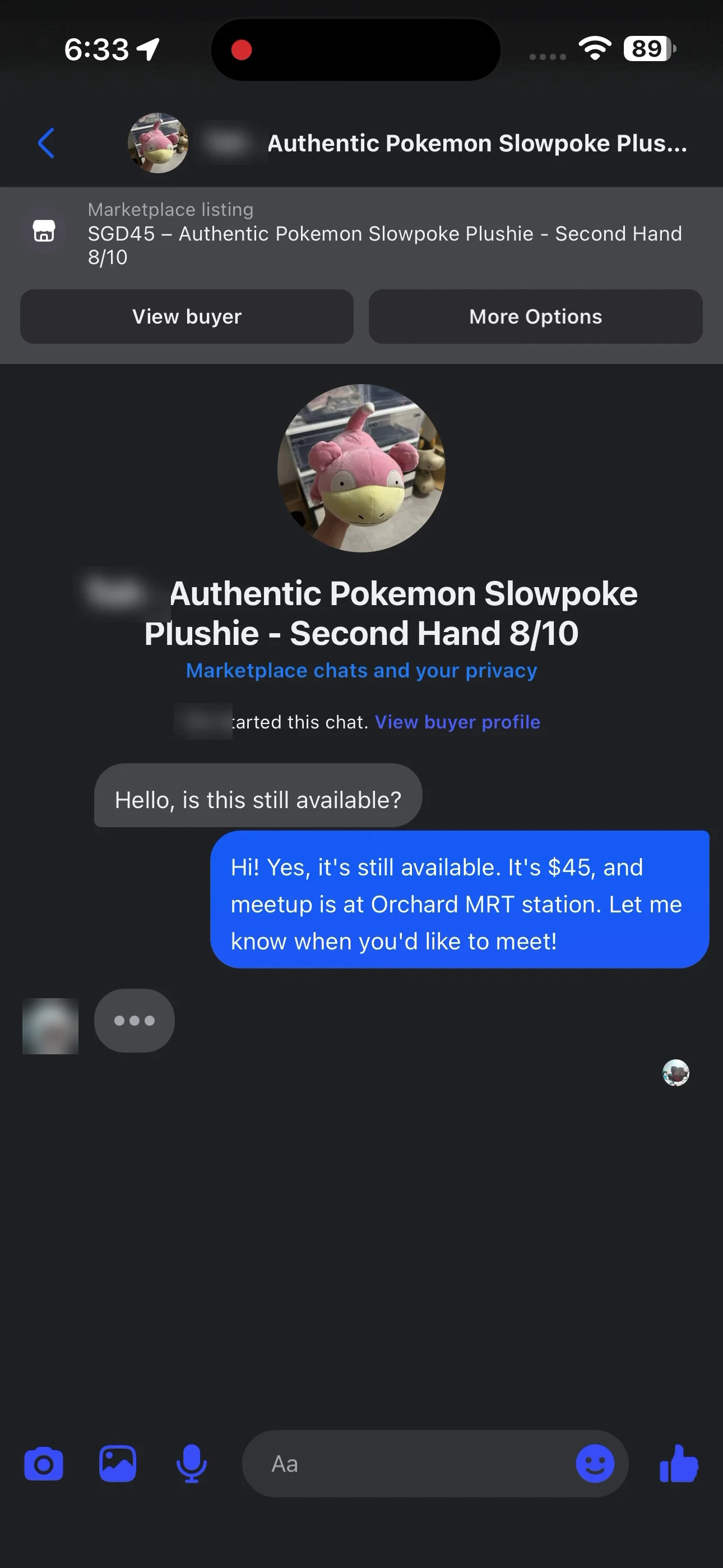 Real Marketplace listing header: SGD45, Authentic Pokemon Slowpoke Plushie, Second Hand 8/10. Buyer details are blurred.