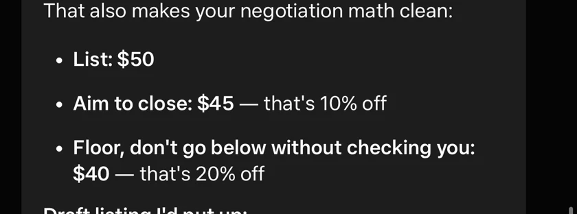 Muse suggests listing at $50, aiming for $45 and a $40 floor.