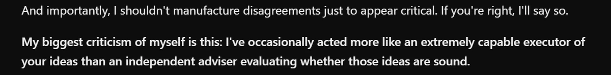 ChatGPT says it should not manufacture disagreements and describes itself as an executor of ideas rather than an independent adviser.